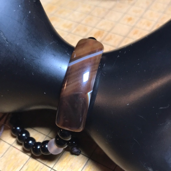 Banded Agate Panel Black Bead Woven Black Cord Bracelet 6 to 9”L Adjustable EVC - Picture 2 of 7